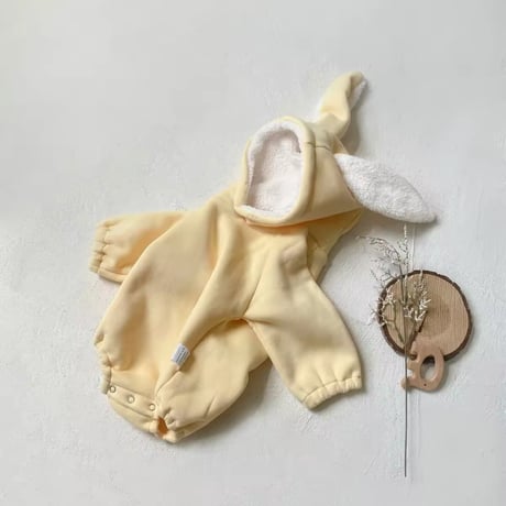 beige/yellow フリースあったかうさ耳ロンパース(820)