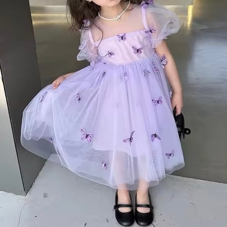 kids purple/green バタフライパフスリーブチュールドレス(838)
