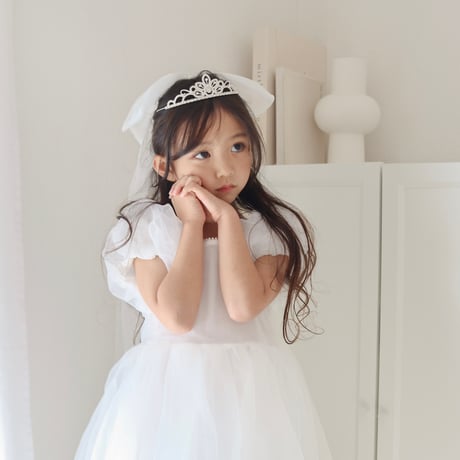 kids kids BIGリボンアクセ付きwhiteパフスリーブドレス(687)