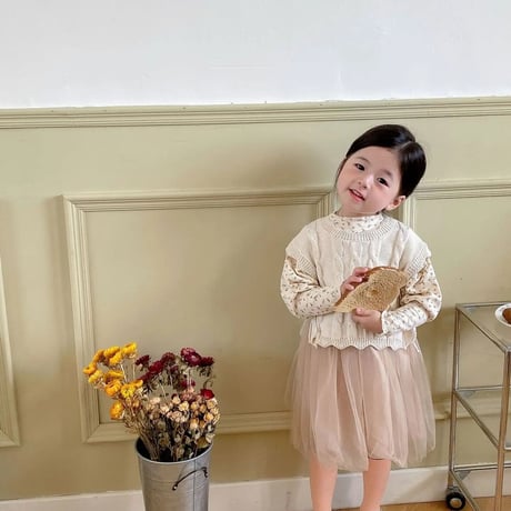 ヴィンテージ小花柄パフスリーブくすみピンクチュールワンピース(2536)