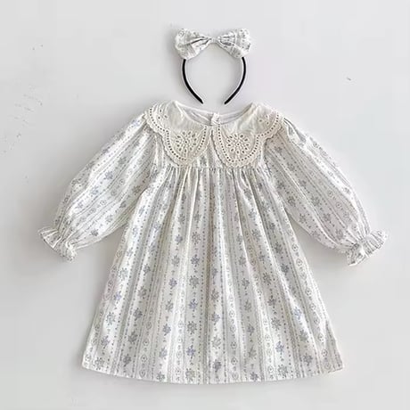 姉妹お揃いコットンレースcollarパールブルーフラワーロンパースorワンピース(962)