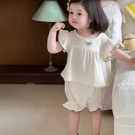 リボンワンポイントフリル袖リネンセットアップ(1288)