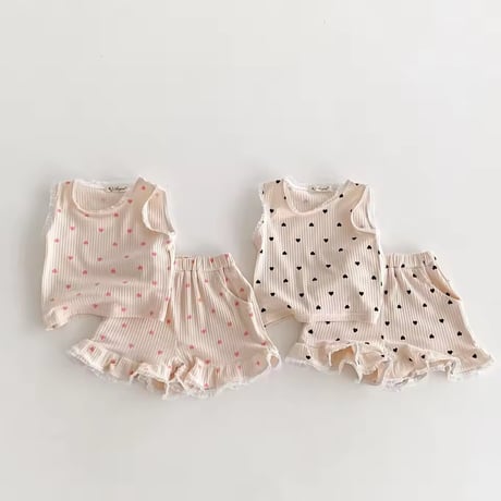 pink/black ハートプチレースタンクトップリブセットアップ(2247)