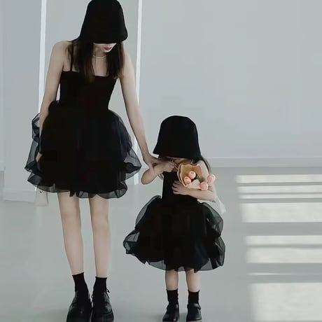 ママとお揃いブラックキャミバルーンスカートドレス(1673)