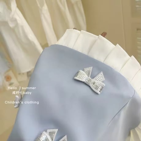 kids light blueスパンコールリボンワンピース(1125)