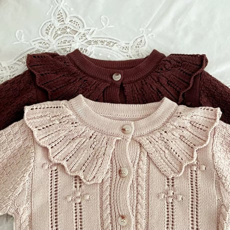 フリル襟ガーリーかぎ針編みニットカーディガン(669)