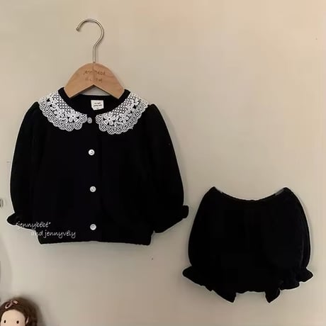 jennybebe 2colorレースフラワー襟リブ模様セットアップ(4196)