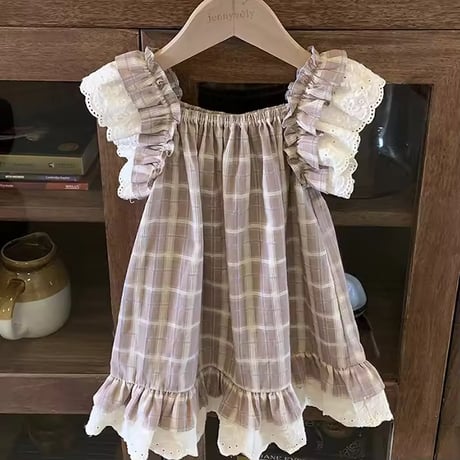 姉妹お揃い mocaチェックショルダーコットンレースワンピースorワンピース(1406)
