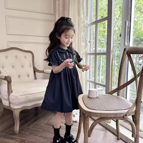 kids ラウンドネックネイビーエンブロイダリーワンピース(1607)