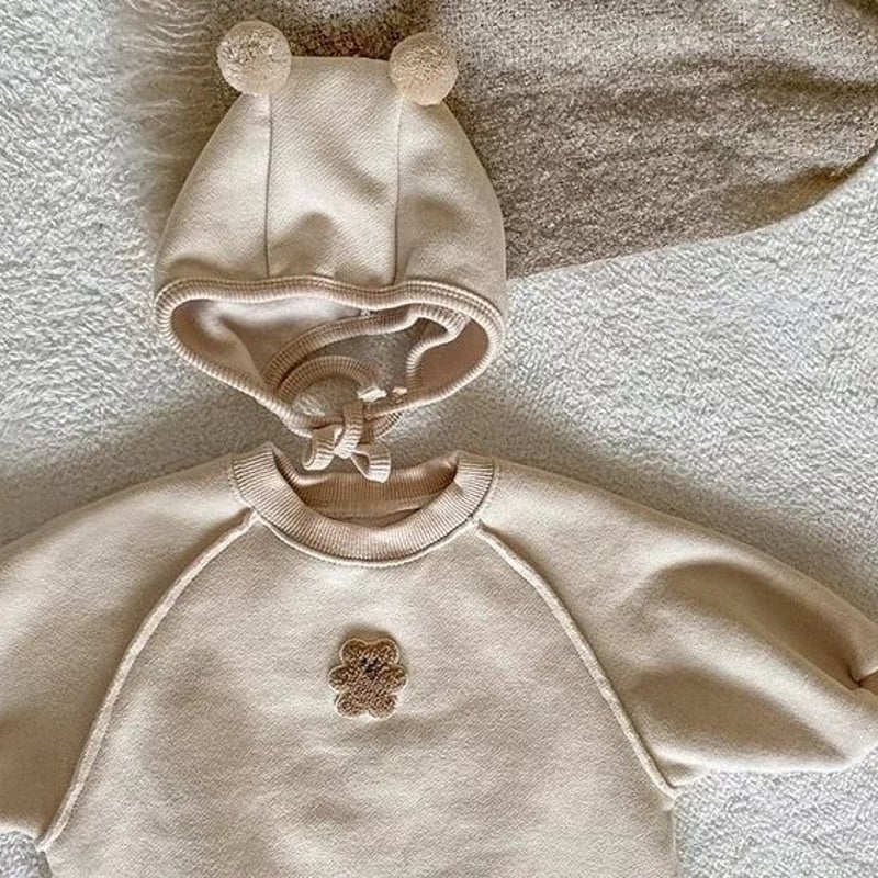 ぽんぽんくま耳ボンネットくまワッペンロンパース(2338