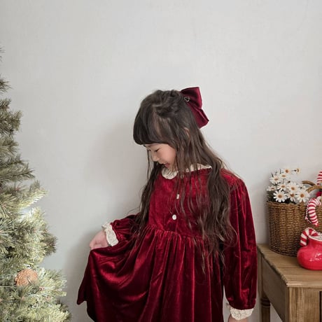 Xmasレッド姉妹お揃いレース襟ベルベットロンパースorワンピース(1035)