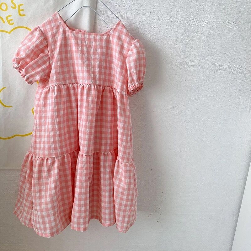 ミント×ベビーピンクギンガムチェックロングワンピース(2240) | こども