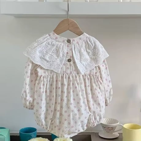 姉妹お揃いBIG white lace collarフラワーロンパースorワンピース(1058)
