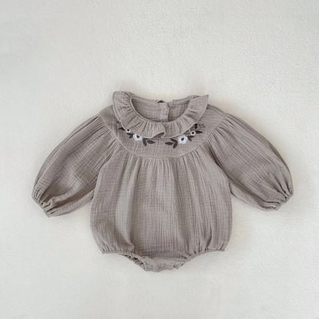 petit frill collar フラワー刺繍リネンロンパース(3272)