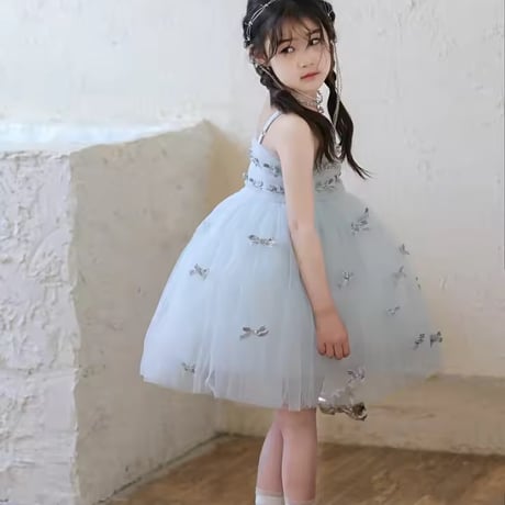 kids ライトブルーベロアリボンロングドレス(1630)