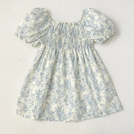 姉妹お揃いblue flowerシャーリングロンパースorワンピース(2777)