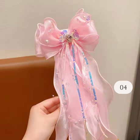 6color キラキラパーツリボンチュールヘアクリップ(930)