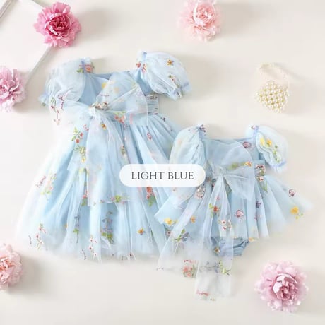 8color flower gardenショートスリーブリボンチュールロンパースドレス(894)