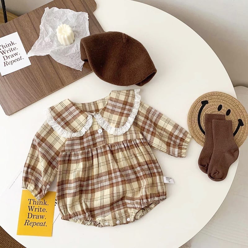 パステルブラウングリーンチェックビッグ襟ロンパース(1955) | こども