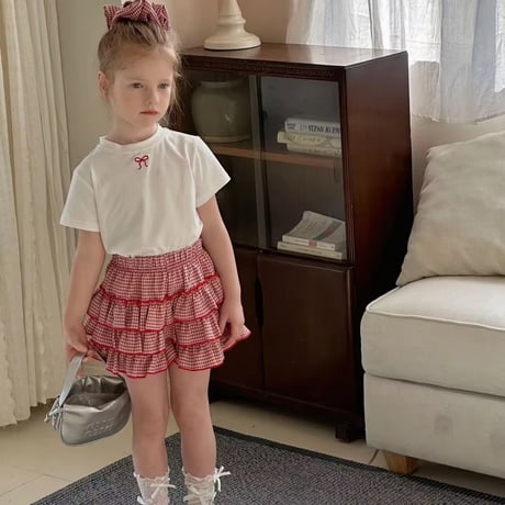 kids red/navy プチリボンTシャツ×チェックフリルキュロット(1278)