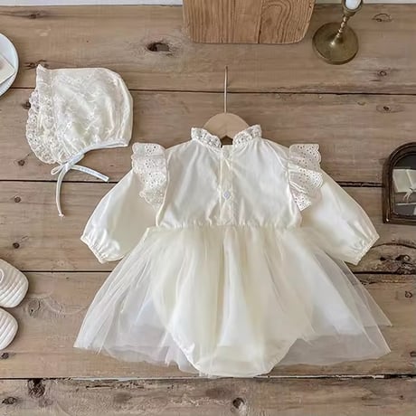 white/apricot ボンネットsetセレモニーレースドレスロンパース(983)
