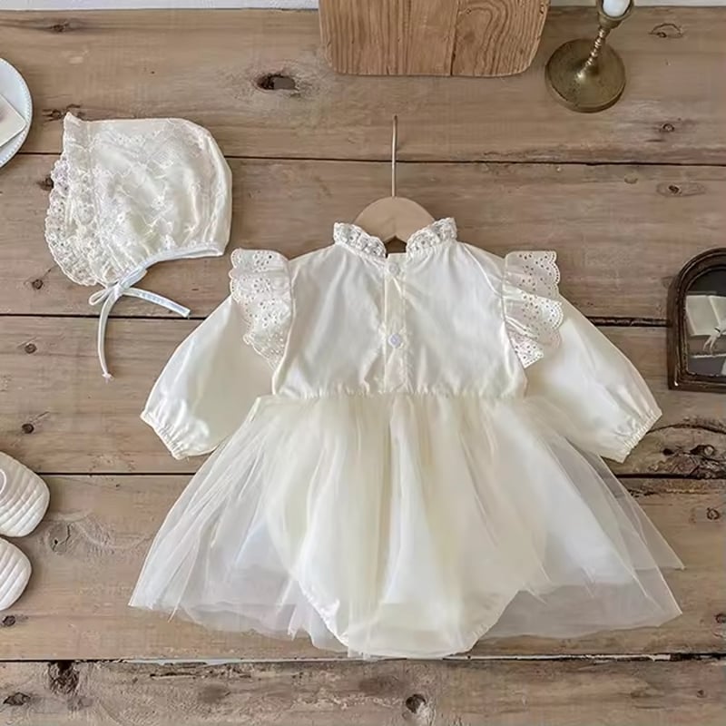 white/apricot ボンネットsetセレモニーレースドレスロンパース(983