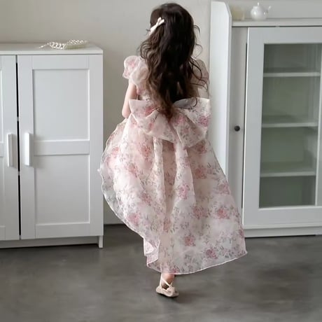 kids アシンメトリーピンクフローラルシフォンドレス(1544)