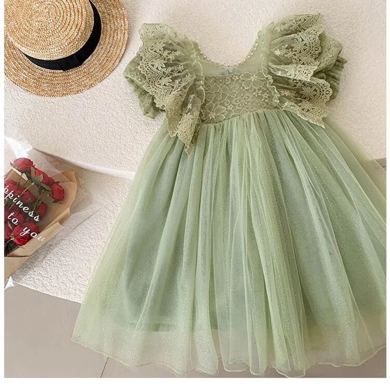 kids 3color ショルダーフリルシフォンチュールパステルドレス kids 3color ショルダーフリルシフォンチュールパステルドレス