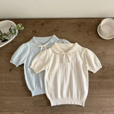 kids ice blue/ivory サマーニットアイレットブラウス(2201)