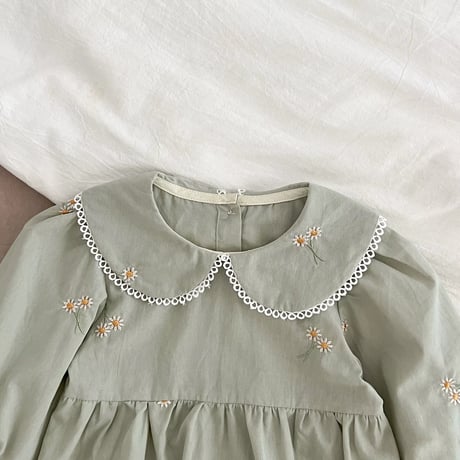 姉妹お揃いミントマーガレット刺繍ロンパースorワンピース(726)