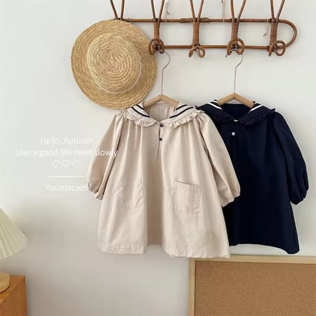 beige/navy セーラーフリル襟ワンピース(1653)
