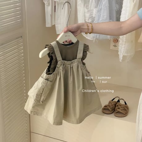 kids Autumnカラーノースリーブトップス×ポケットワンピースset(4186)