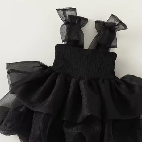 Black ショルダーリボンクリンクルチュチュドレス(3106)