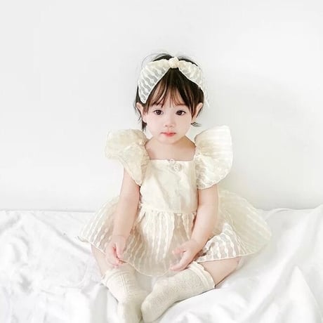 姉妹お揃いヘアバンド付きストライプレースアプリコットロンパースorワンピース(2386)