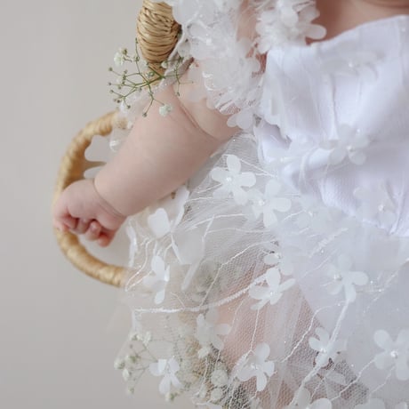 white/blue 3D flowerチュールベビーロンパースドレス(2324)