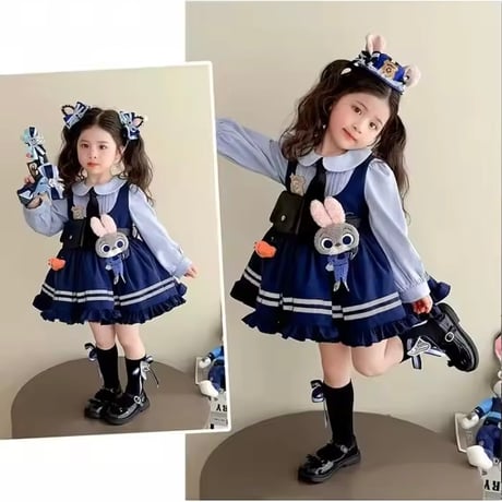 kids  半袖/長袖ネイビーラビットなりきりワンピース(2155)