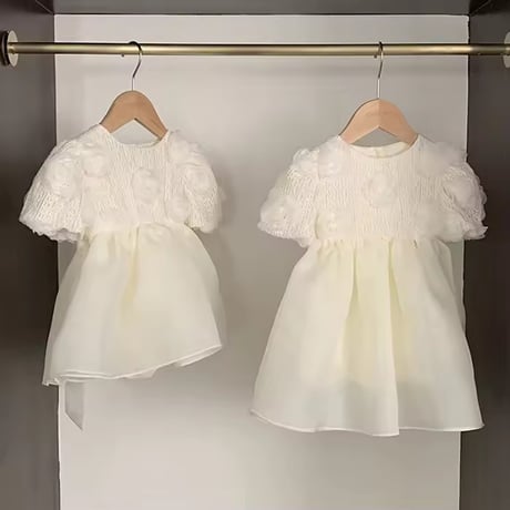 姉妹お揃いcreamローズシフォンスカートロンパースorワンピース(1583)