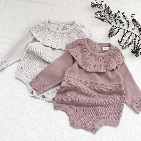 frill collar アイレット切り替えニットロンパース(3389)