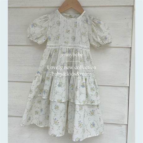 jennybebe 姉妹お揃いblue×yellowブーケパフスリーブロンパースorワンピース(2722)