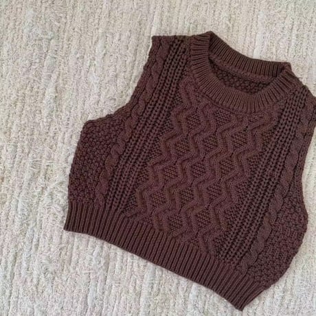 brown/ivory/blue ケーブルニットベスト(1418)