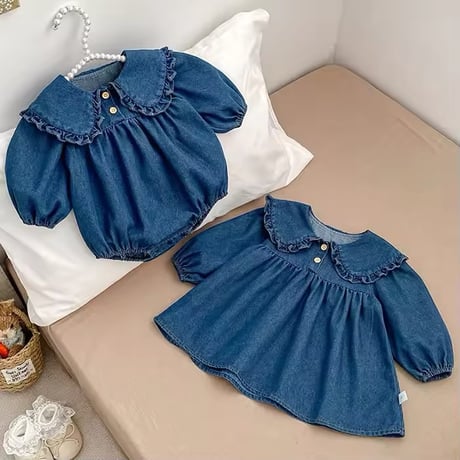 姉妹お揃いデニムフリル襟ロンパースorワンピース(906)