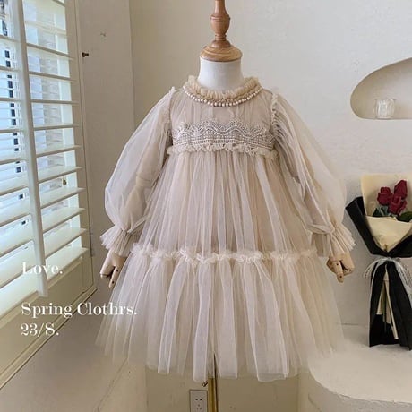 kids pink beige袖チュールドレス(3222)