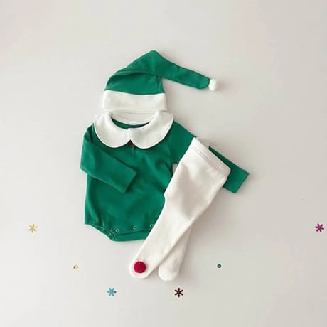 Xmas red/green サンタ帽子付き裏起毛ロンパースorタイツ(3342)
