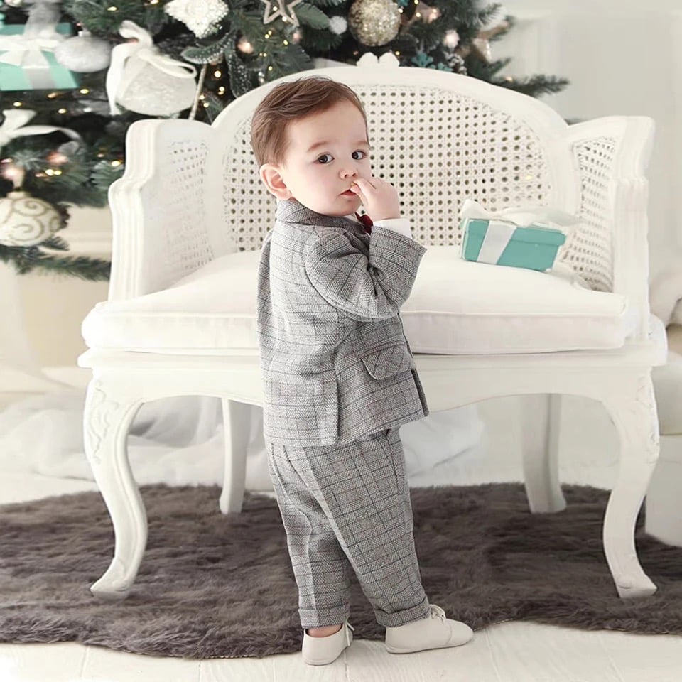 グレー チェック柄 フォーマルスーツ 160 ローファーセット グレー