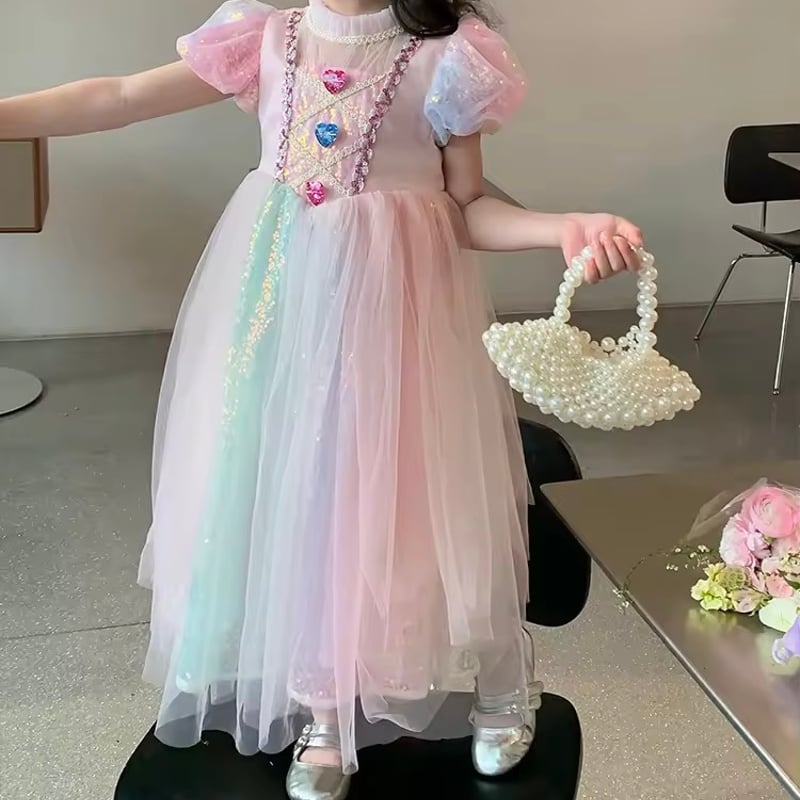 konges slojd ハートスパンコールドレス kids カラフルハートストーンレインボースパンコールプリンセスドレス