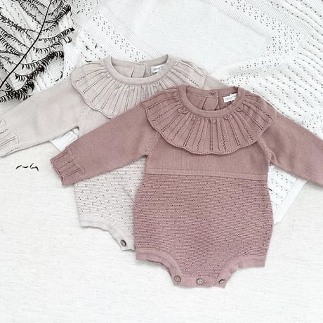 frill collar アイレット切り替えニットロンパース(3389)