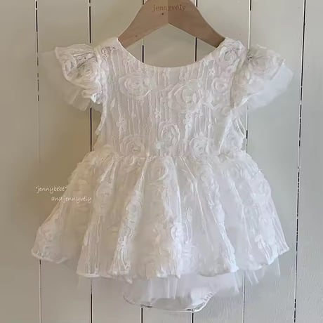 姉妹お揃いローズバックリボンスカートドレスロンパース(2137)