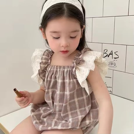 姉妹お揃い mocaチェックショルダーコットンレースワンピースorワンピース(1406)