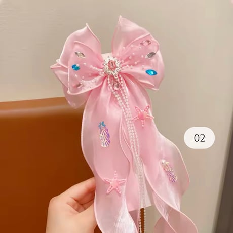 6color キラキラパーツリボンチュールヘアクリップ(930)