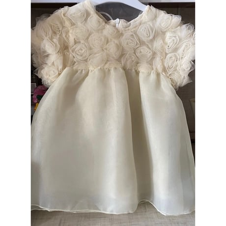cream/pink ローズ切り替えシフォンドレス(3124)